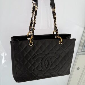 100% AUTHENTIC CHANEL Dark Brown Caviar Gold hardware GST Grand Shopping Tote